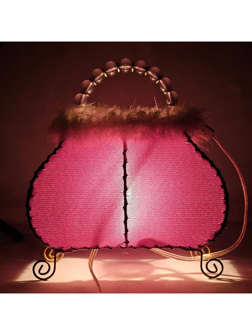 Vintage Novelty Purse Accent Lamp Purple Fabric Faux Fur Beaded Handle Kitschy